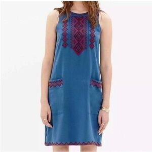 Madewell Blue Silk Embroidered Sleeveless Boho Tunic Dress Women’s Medium